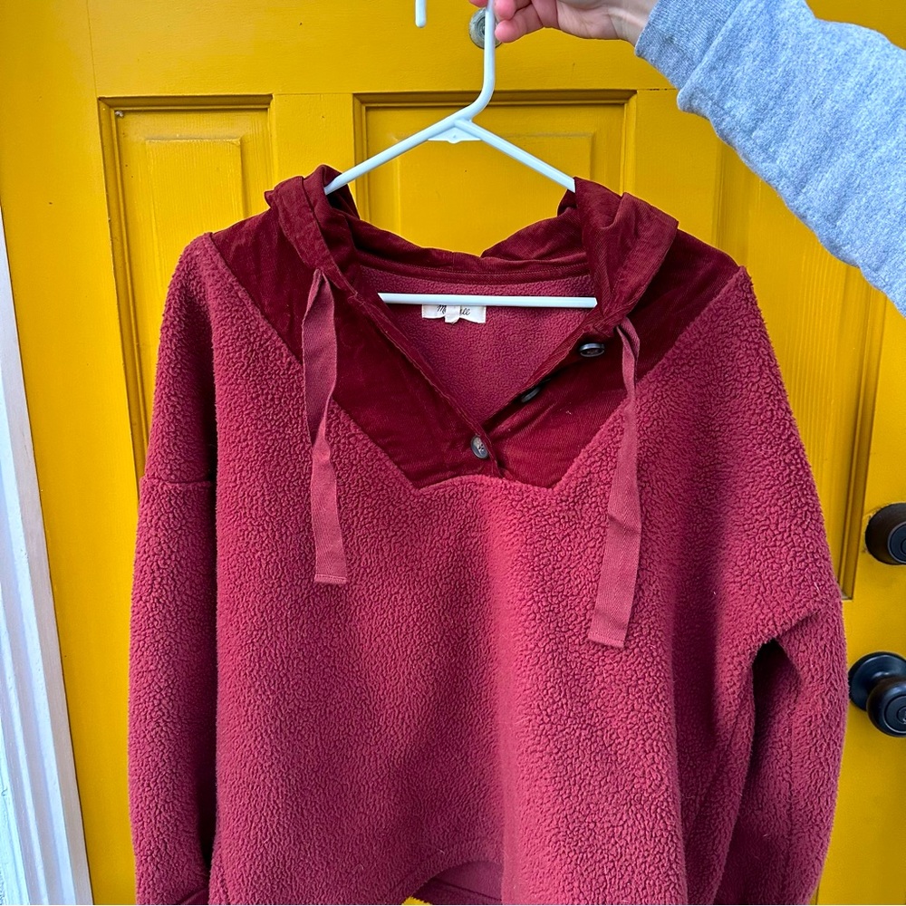 Madewell fuzzy burgundy sweatershirt with corduroy hood